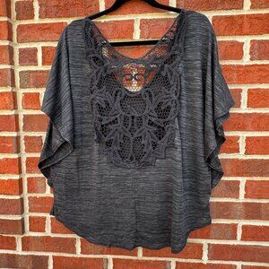 Just Kate Boho Top Large Black Heather Gray Crochet Back Loose Fit Festival